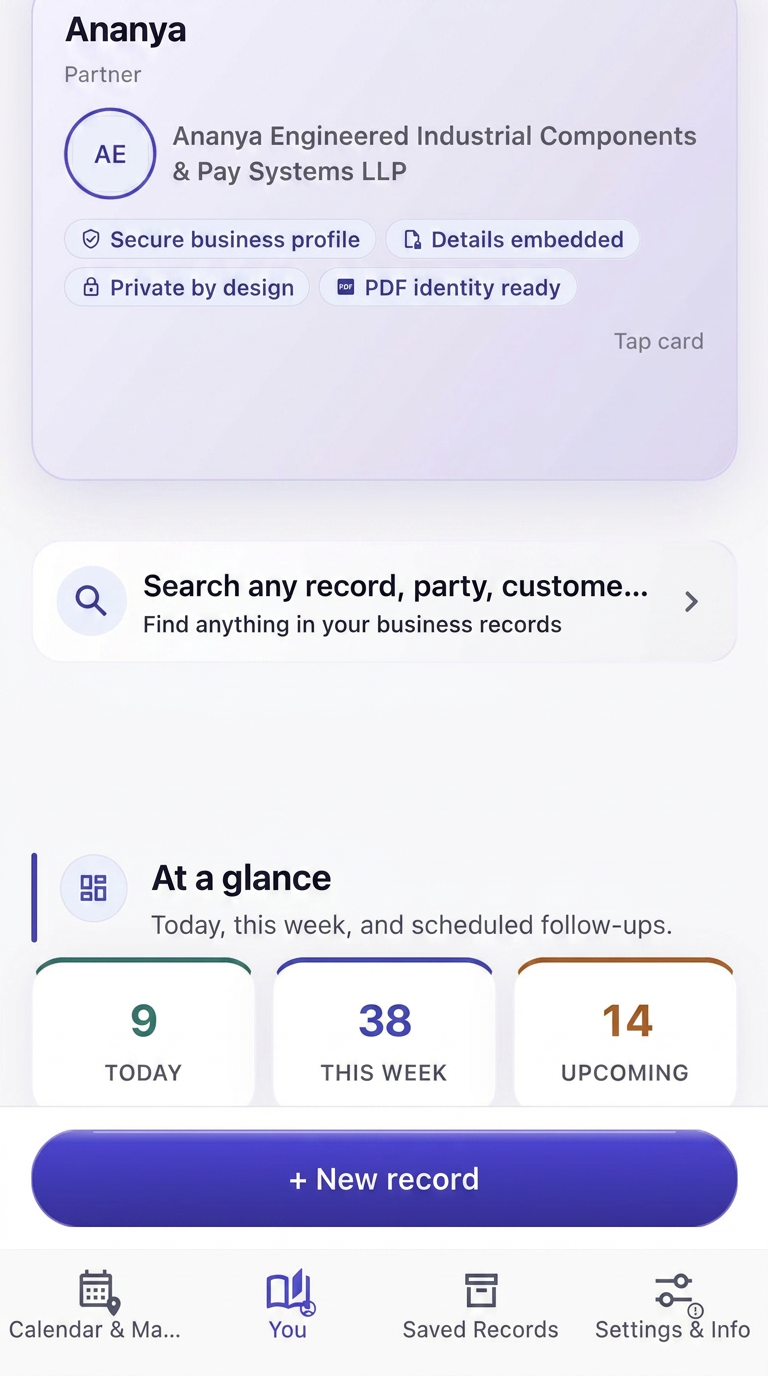 Vyaamikk Diary home screen with secure business profile, search and at-a-glance follow-up counts